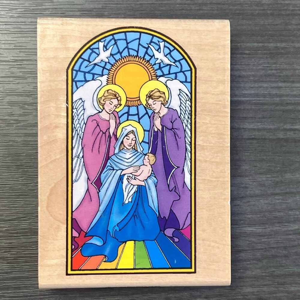 Inkadinkado 9734 - 2 Angels Mary With Baby Jesus Window Wooden Rubber Stamp